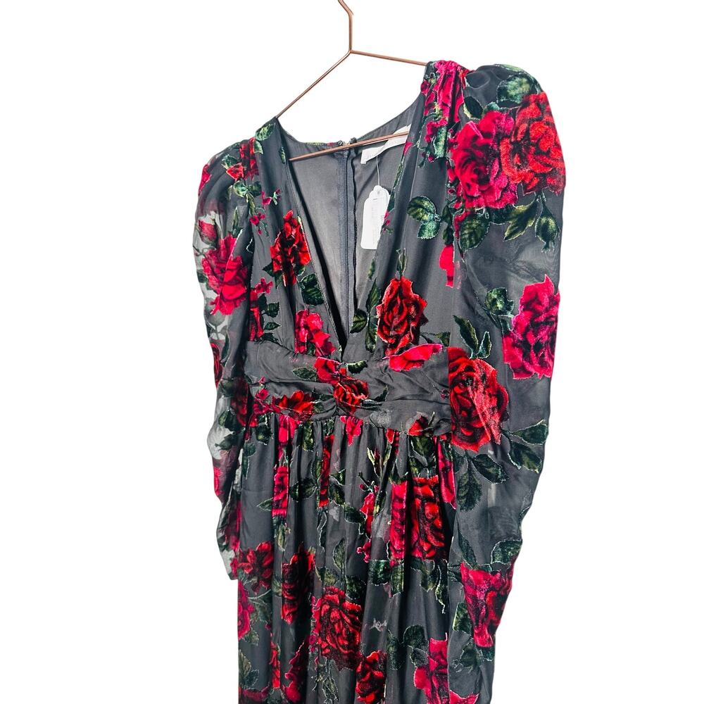 RACHEL PARCELL Black Red Floral Burnout A-Line Plunge Neckline Dress Size 0 - Picture 5 of 16